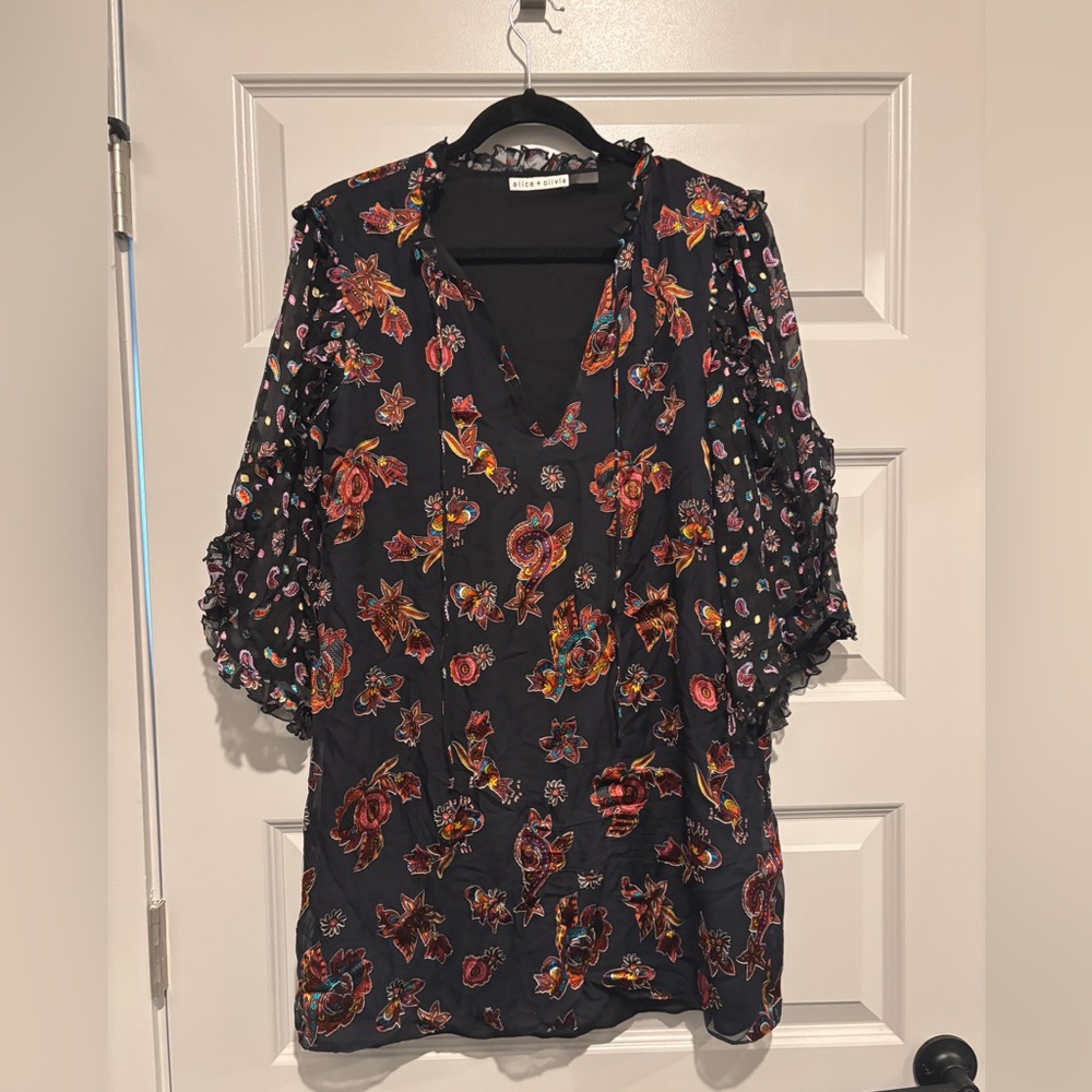 Alice + Olivia Julius Floral Flower Ruffle Dress Silk Black Multicolor Pattern - Picture 2 of 11